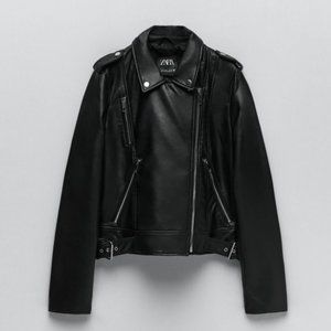 ZARA BLACK MOTO BIKER BELTED FAUX LEATHER JACKET $119